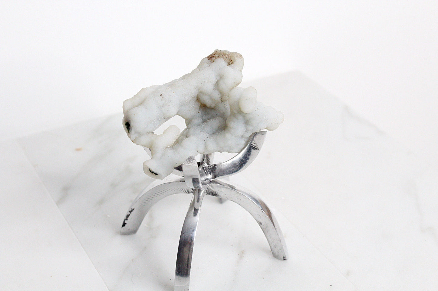 White Chalcedony Quartz on Brass Claw Stand – Boho Home Accent