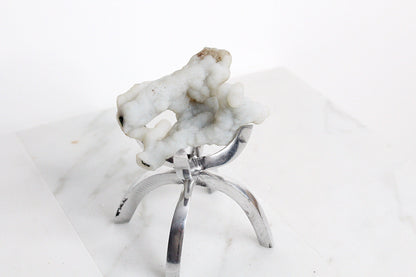 White Chalcedony Quartz on Brass Claw Stand – Boho Home Accent