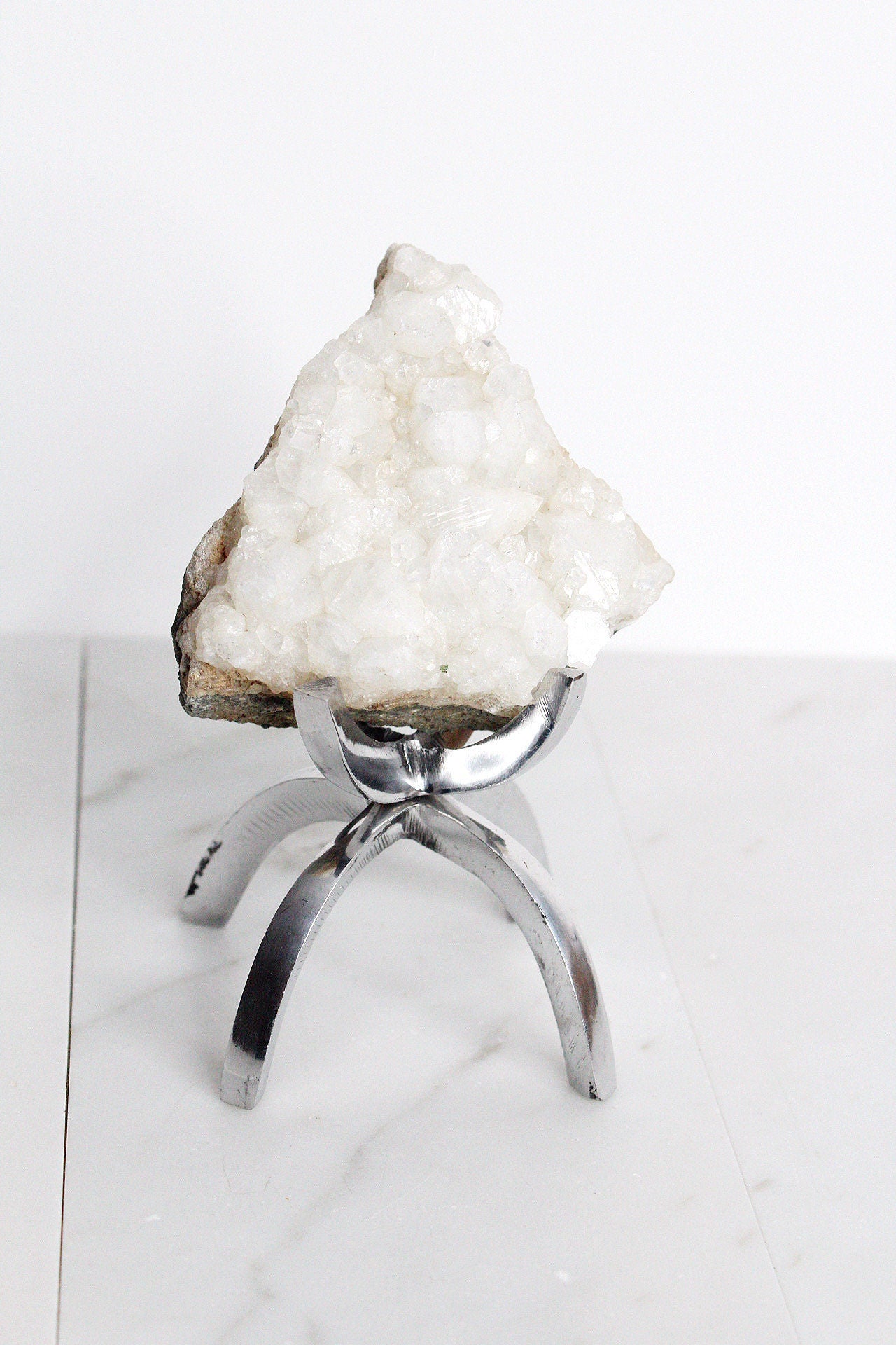 White Apophyllite Stone Modern Decor Accent with Brass Claw Display Stand Apophyllite Quartz Crystal Mineral on Brass Modern Claw Display