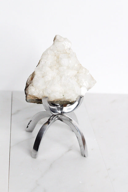 White Apophyllite Stone Modern Decor Accent with Brass Claw Display Stand Apophyllite Quartz Crystal Mineral on Brass Modern Claw Display