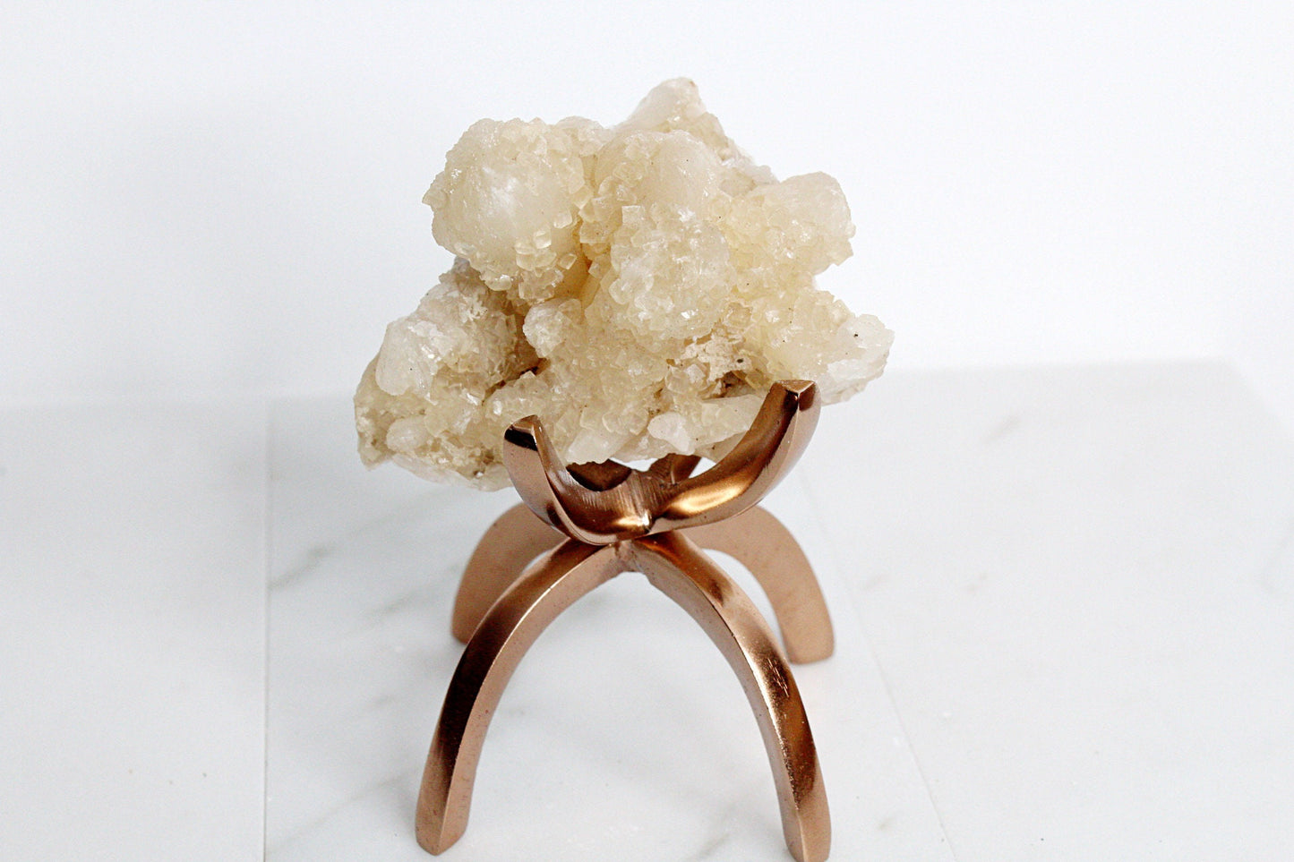 Stilbite & Pink Quartz Crystal on Brass Claw Stand – Unique Boho Decor Accent