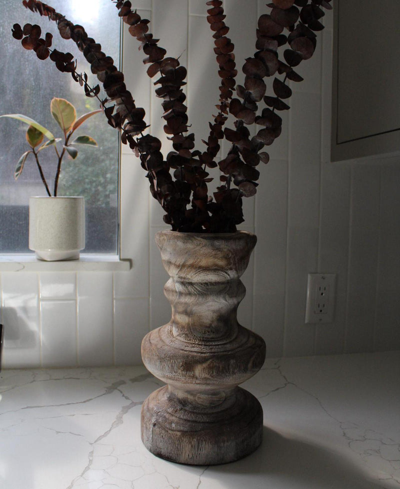 Shabby Chic Vase Farmhouse Wood Display Whitewashed Finish Country Style Accent Large Standing Container Vintage Look Design Dried Flower Holder Rustic Home Decor Traditional Collection Distressed Wood Construction Decorative Essential