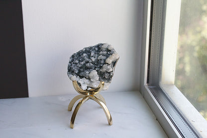 Apophyllite Chalcedony Gray Quartz Crystal on Brass Modern Claw Display Stand  Boho Decor Accent Unique Crystal Arrangement White Stone