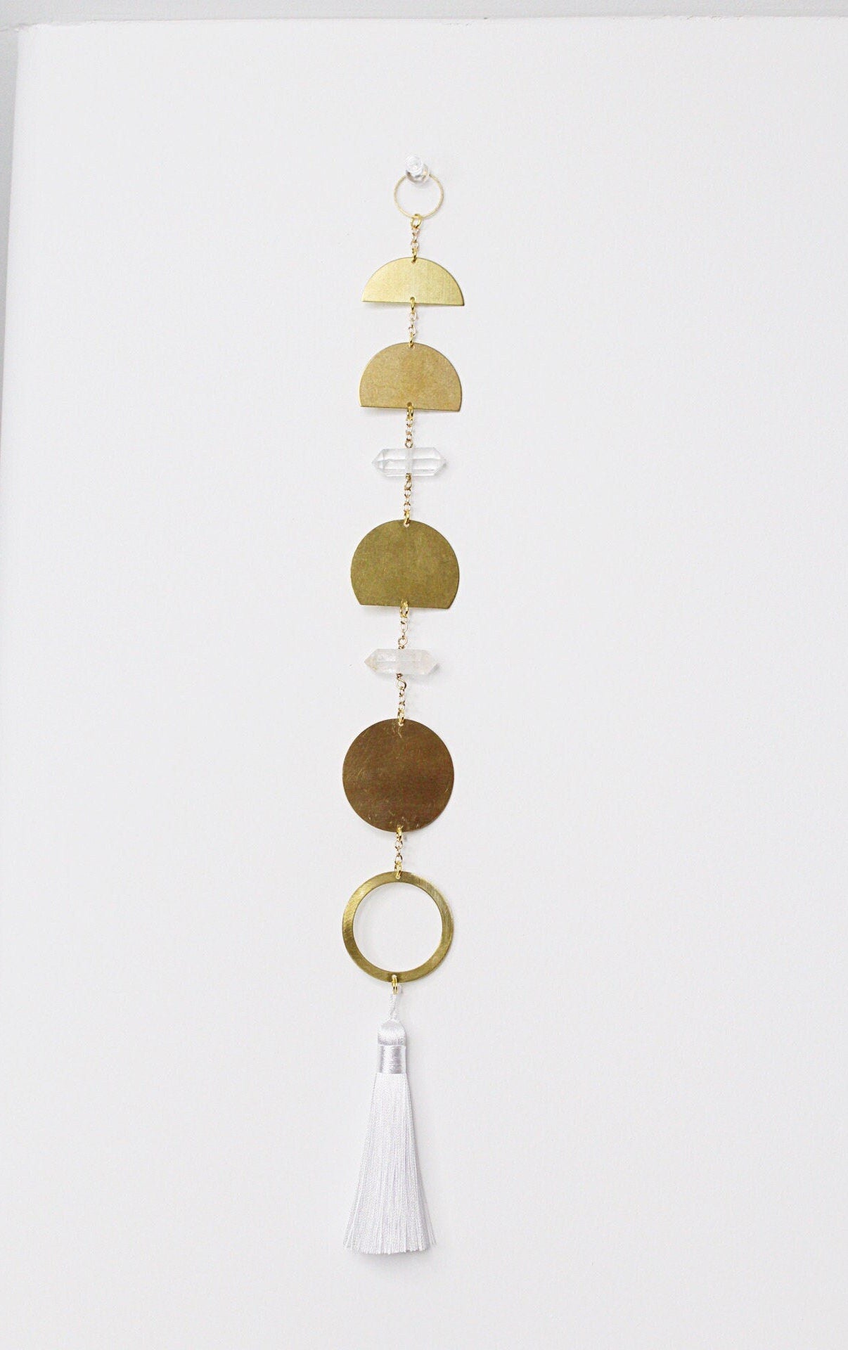 Handcrafted Brass Moon Phases Wall Hanging Art Sun Catcher Crystal Brass Moon Wall Hanging Art Real Natural Stone Clear Quartz White Tassel