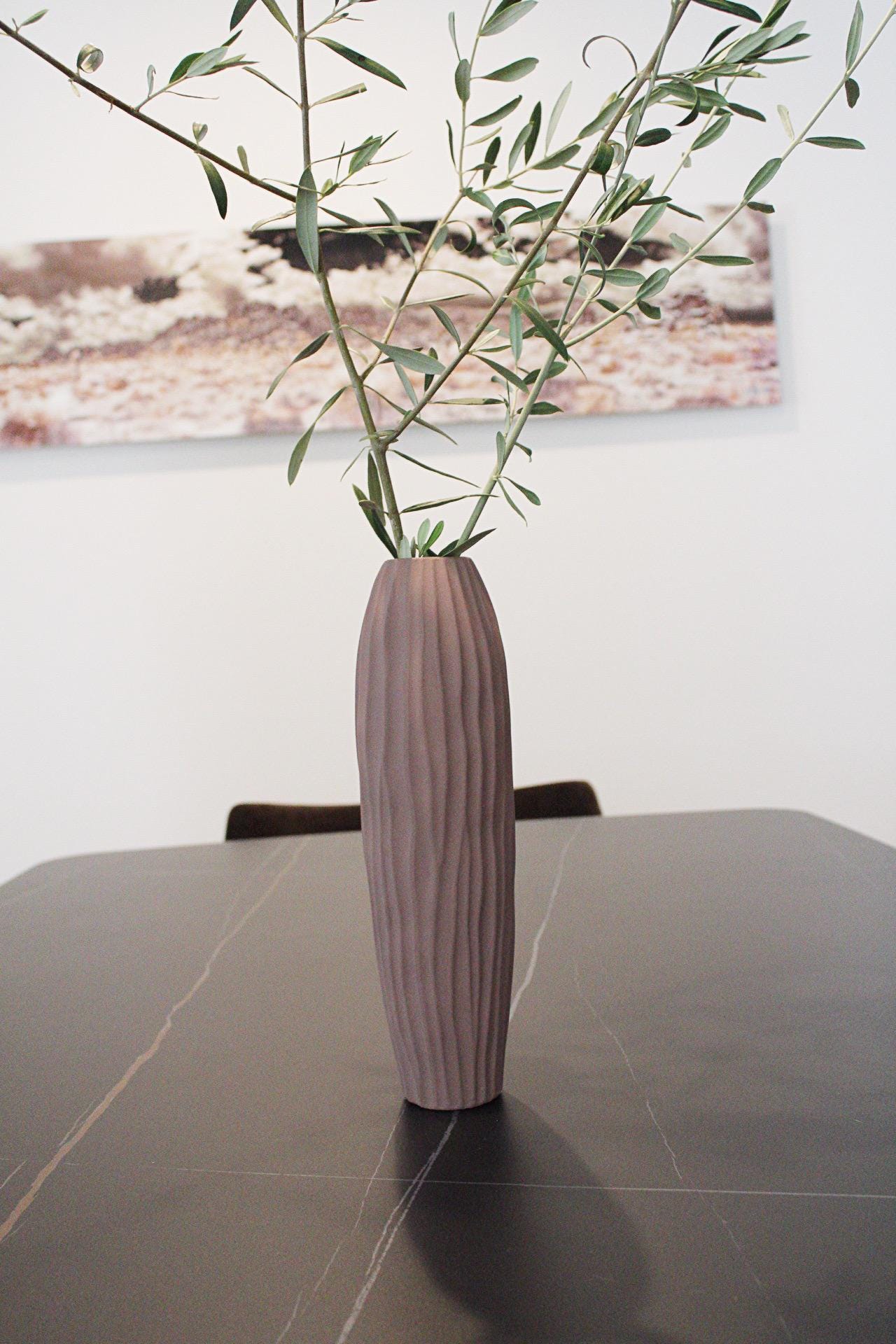Purple Neutral Color Vase Muted Tone Tall Vase for Branches Brown Vase Floral Arrangement Rustic Vessel Ribbed Texture Wabi Sabi Aesthetic Modern Vase Floral Arrangement Organic Vessel Ribbed Texture Wabi Sabi