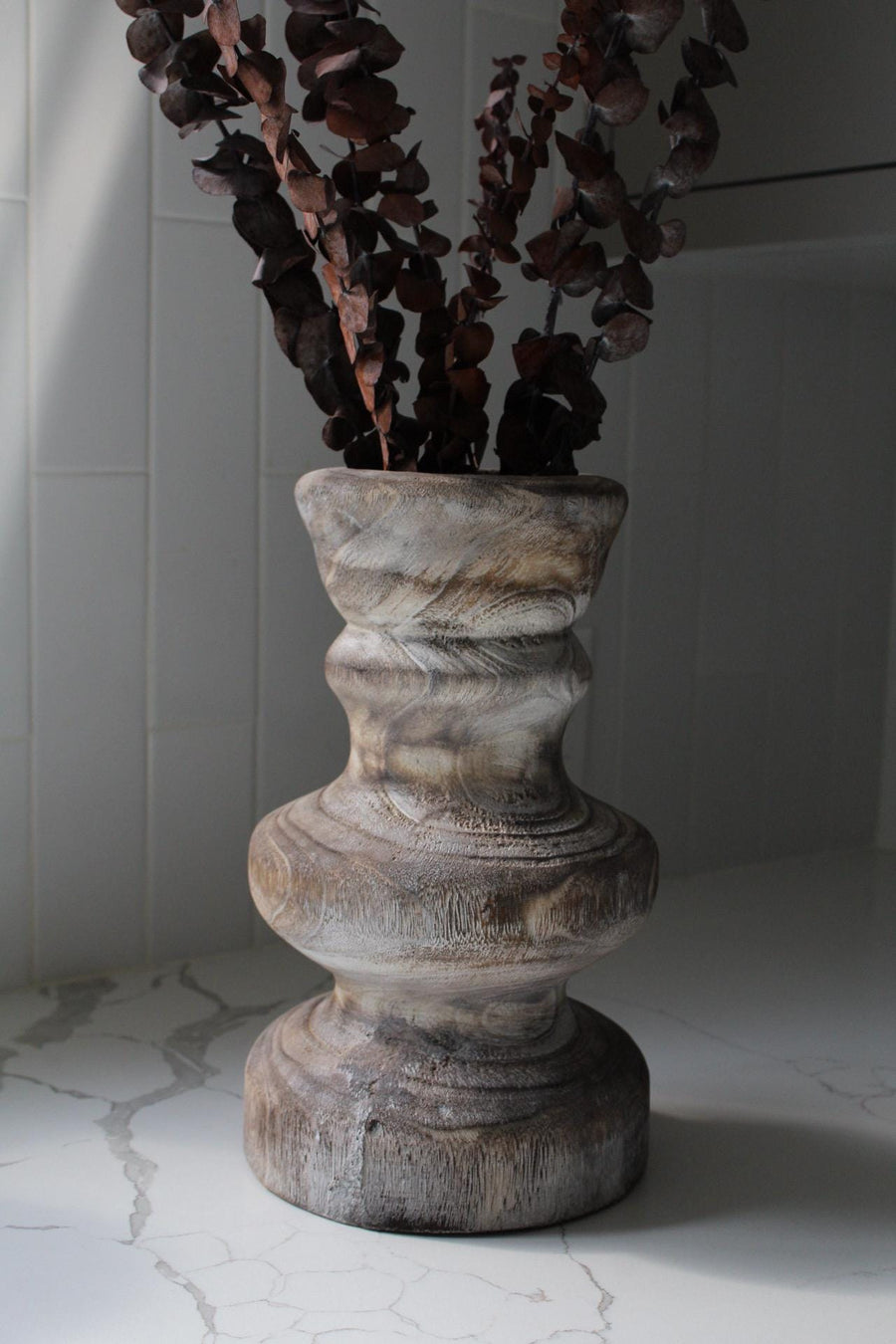 Vintage Look Vase Farmhouse Wooden Display Whitewashed Wood Construction Country Style Decor Large Standing Container Shabby Chic Design Dried Flower Holder Rustic Home Accent Traditional Decorative Piece Distressed Finish Collection