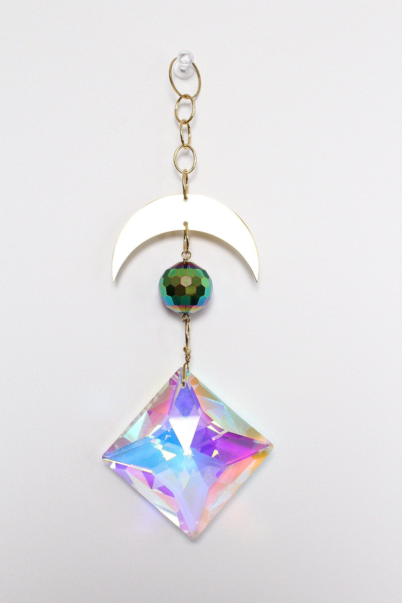 Iridescent Sun Catcher Decor with Crystal Brass Moon for Home Accents Light Catcher Crystal Brass Moon Wall Hanging Art Brass Moon Decor