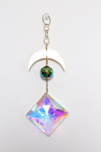 Iridescent Sun Catcher Decor with Crystal Brass Moon for Home Accents Light Catcher Crystal Brass Moon Wall Hanging Art Brass Moon Decor