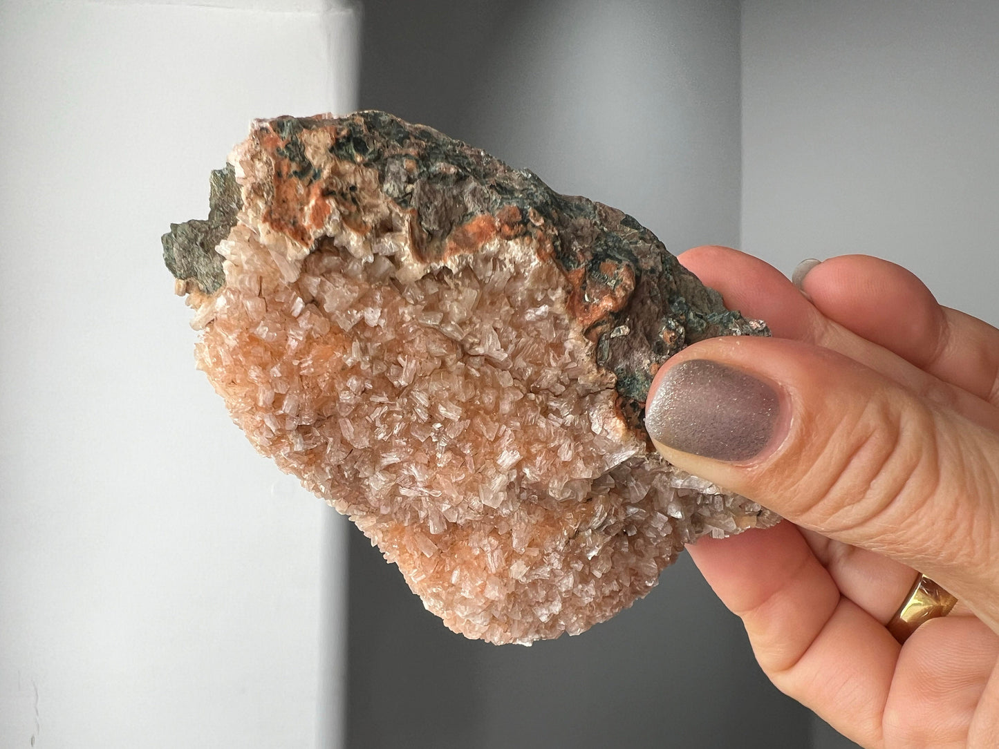 Heulandite & Pink Quartz Crystal on Brass Claw Stand – Unique Decor Accent