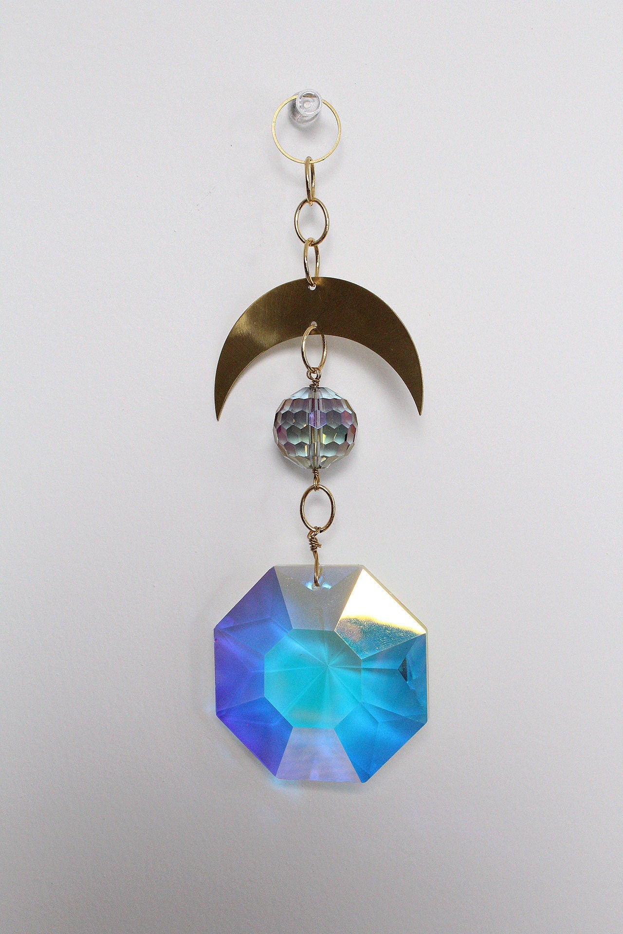 Handcrafted Crystal Brass Moon Wall Hanging with Iridescent Sun Catcher Aura Iridescent Sun Catcher Crystal Brass Moon Wall Hanging Art