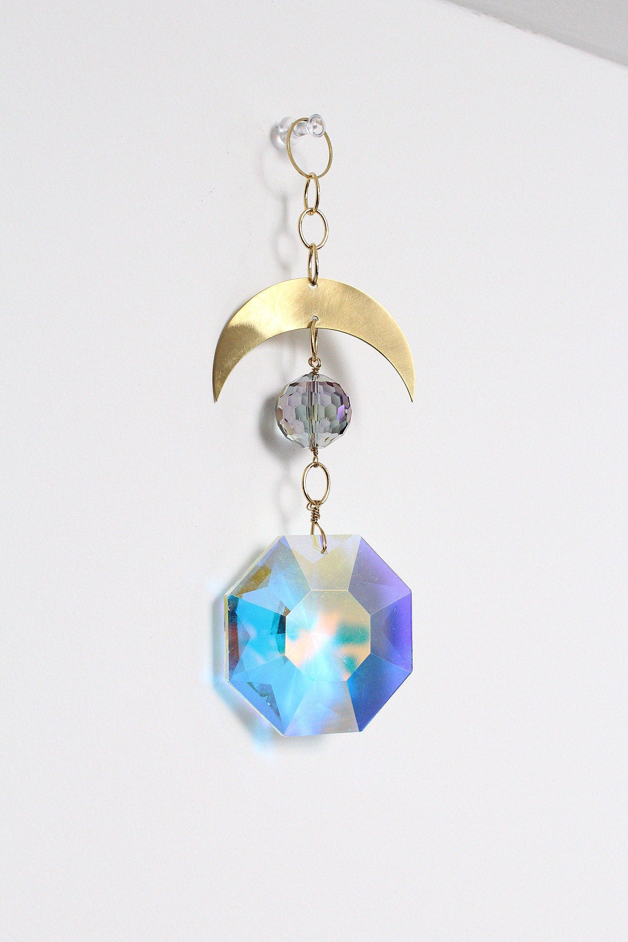 Handcrafted Crystal Brass Moon Wall Hanging with Iridescent Sun Catcher Aura Iridescent Sun Catcher Crystal Brass Moon Wall Hanging Art