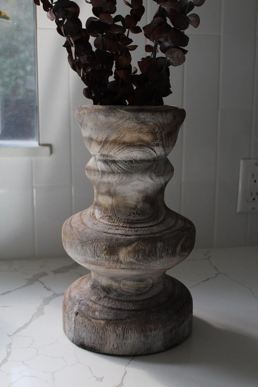 Farmhouse Wooden Vase Rustic Home Decor Whitewashed Wood Display Shabby Chic Style Country Accent Piece Vintage Look Design Dried Flower Container Large Standing Vase Distressed Finish Decorative Accent Traditional Farmhouse Collection Home