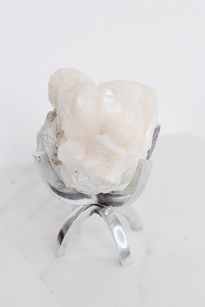 Pink Stilbite Quartz Crystal on Brass Claw Stand – Boho Decor Accent