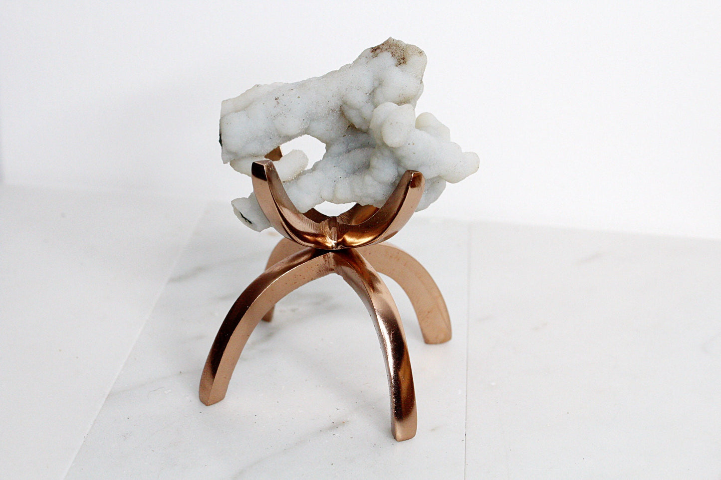 White Chalcedony Quartz on Brass Claw Stand – Boho Home Accent