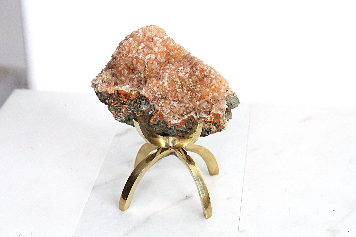 Heulandite & Pink Quartz Crystal on Brass Claw Stand – Unique Decor Accent