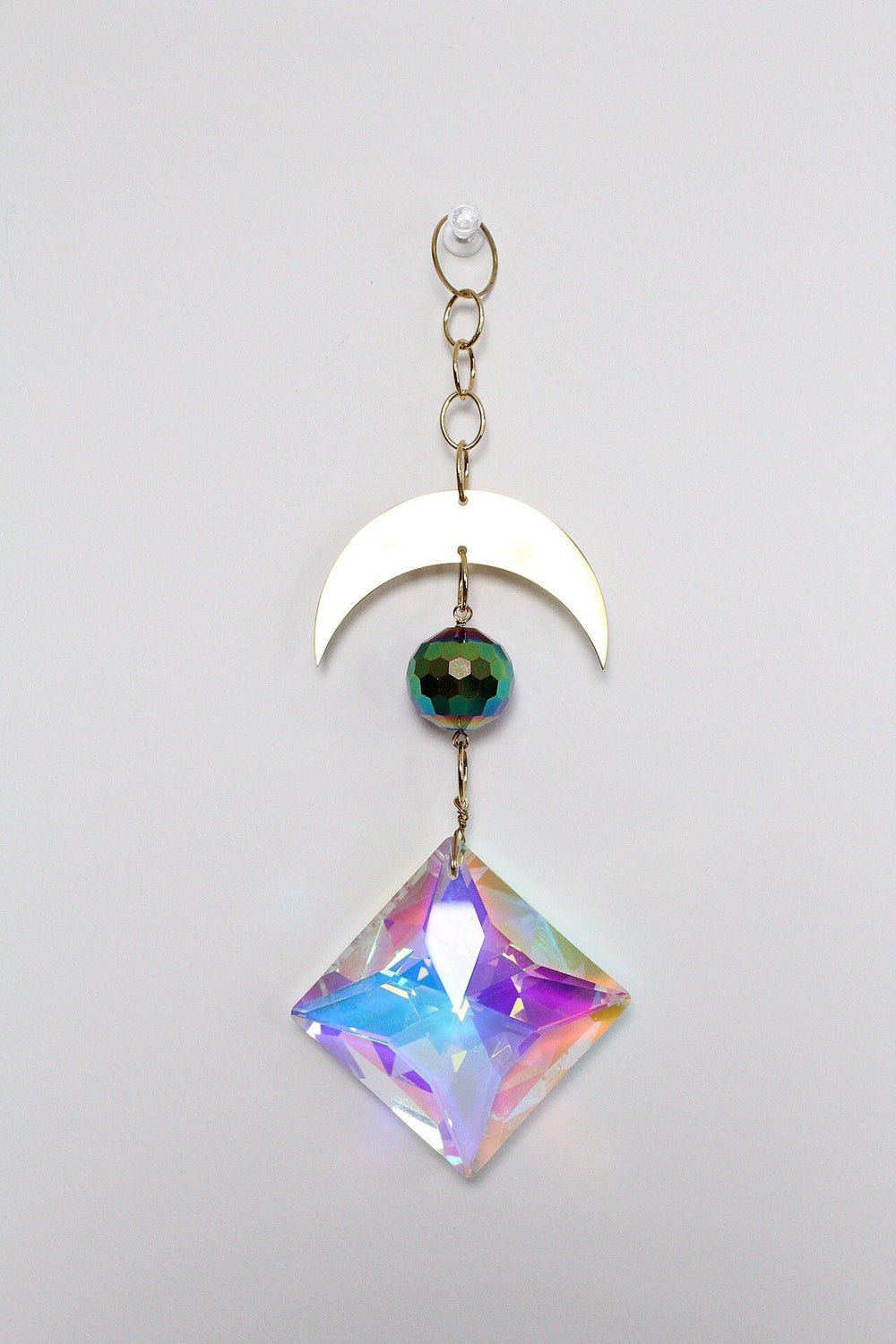 Iridescent Sun Catcher Decor with Crystal Brass Moon for Home Accents Light Catcher Crystal Brass Moon Wall Hanging Art Brass Moon Decor