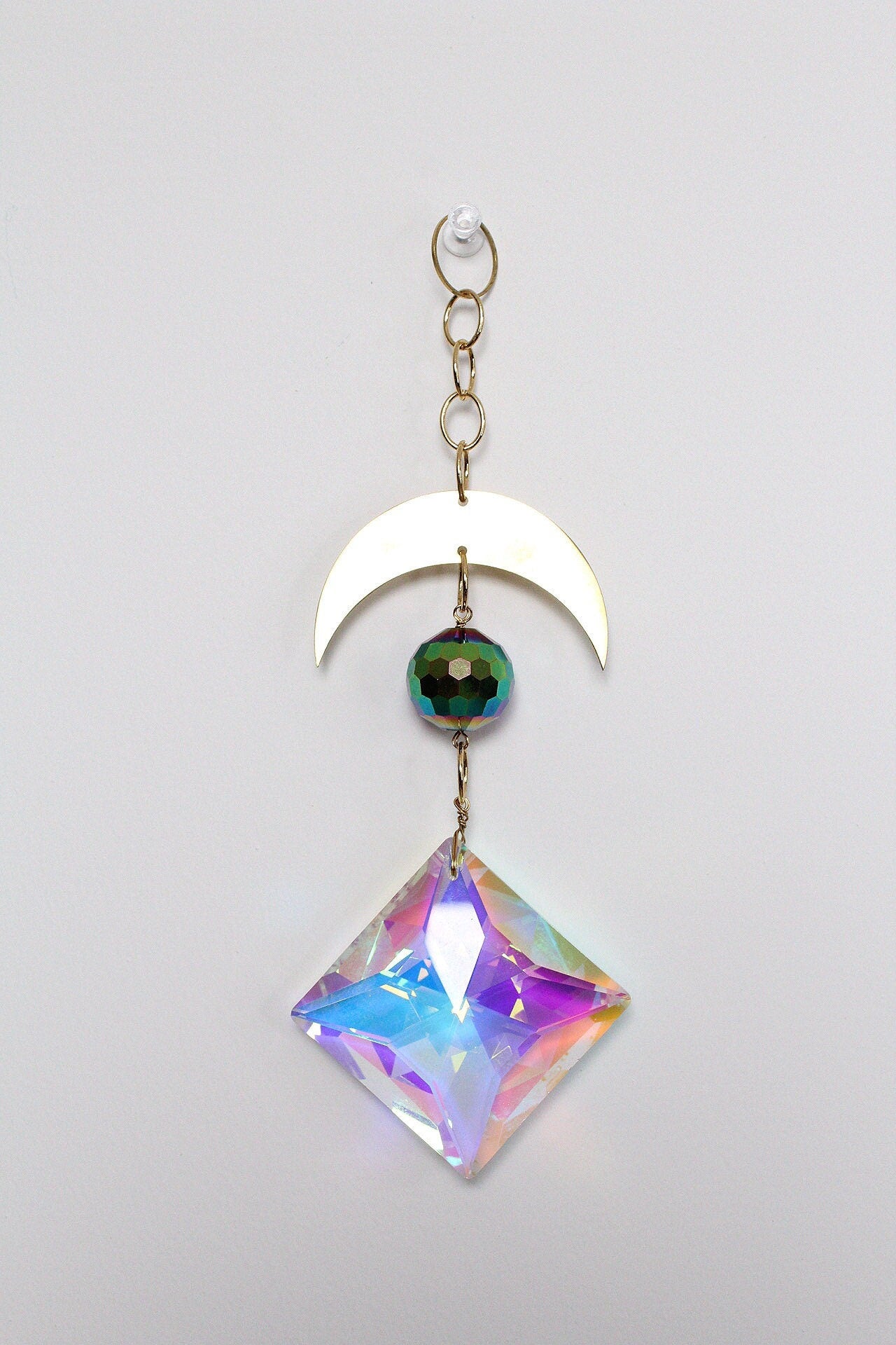 Iridescent Sun Catcher Decor with Crystal Brass Moon for Home Accents Light Catcher Crystal Brass Moon Wall Hanging Art Brass Moon Decor