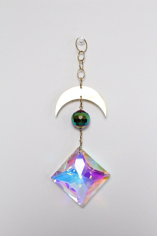 Iridescent Sun Catcher Decor with Crystal Brass Moon for Home Accents Light Catcher Crystal Brass Moon Wall Hanging Art Brass Moon Decor