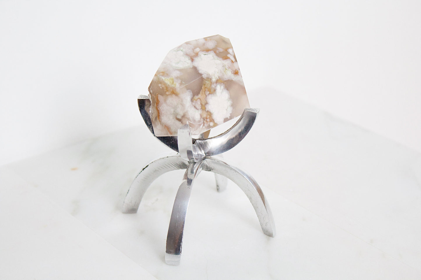 Pink Flower Agate Crystal Mineral with Brass Display Stand Natural Boho Decor Unique Gift Idea Flower Agate Crystal Silver Rose Gold Stand