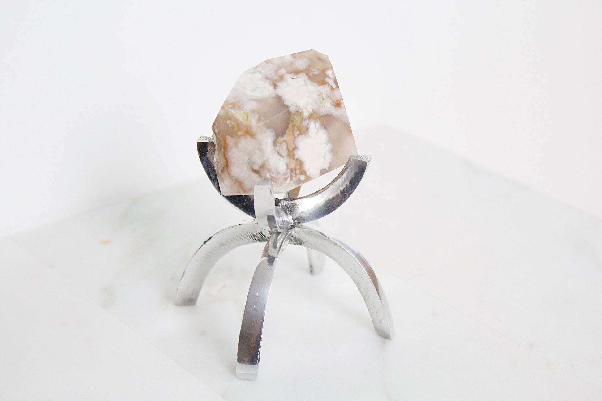 Pink Flower Agate Crystal Mineral with Brass Display Stand Natural Boho Decor Unique Gift Idea Flower Agate Crystal Silver Rose Gold Stand