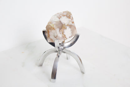 Pink Flower Agate Crystal Mineral with Brass Display Stand Natural Boho Decor Unique Gift Idea Flower Agate Crystal Silver Rose Gold Stand