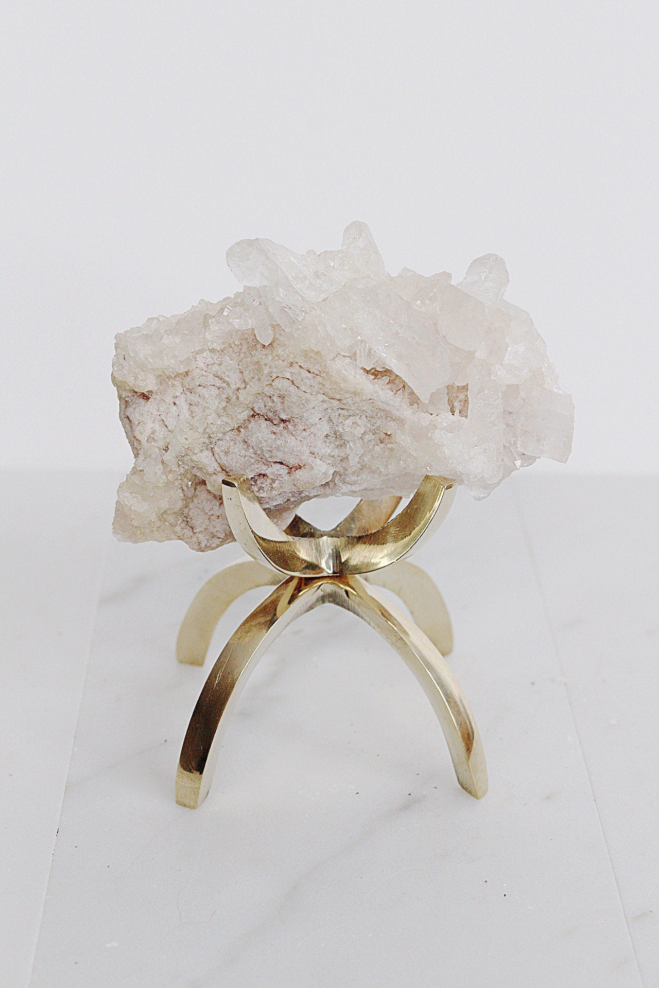 White Quartz Natural Stone Modern Decor Accent with Brass Claw Display Stand Raw Cluster Quartz Crystal Mineral on Brass Modern Claw Display