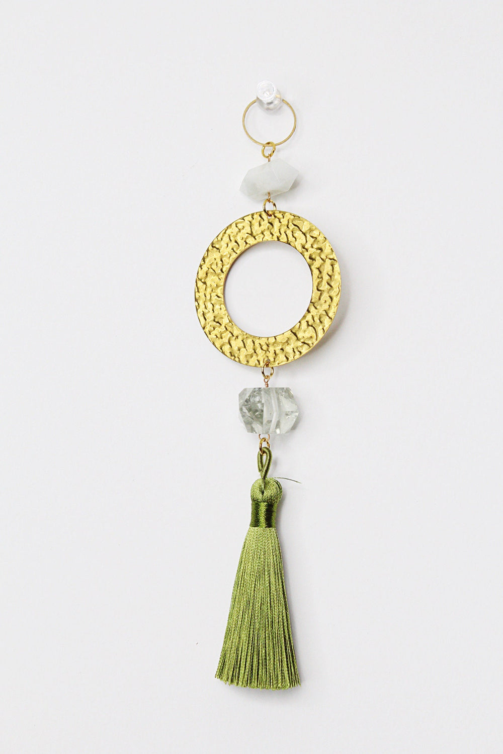 Green Amethyst Sun Catcher Crystal Brass Hoop Wall Hanging Art Green Tassel Wall Art Unique Brass Decor Accent Natural Gemstone Prasiolite