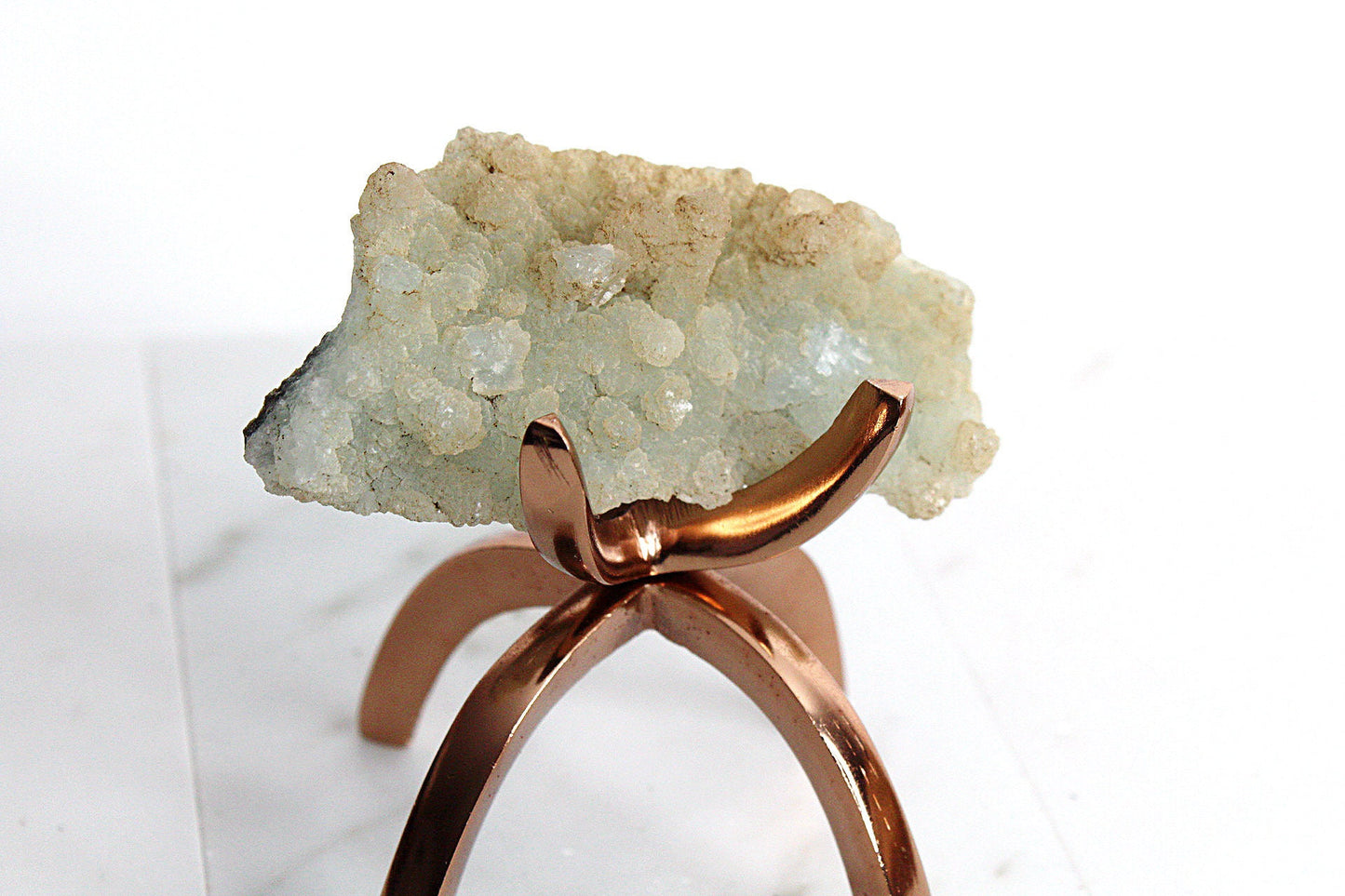 Raw Prehnite Quartz Crystal on Brass Claw Stand – Boho Home Decor Accent