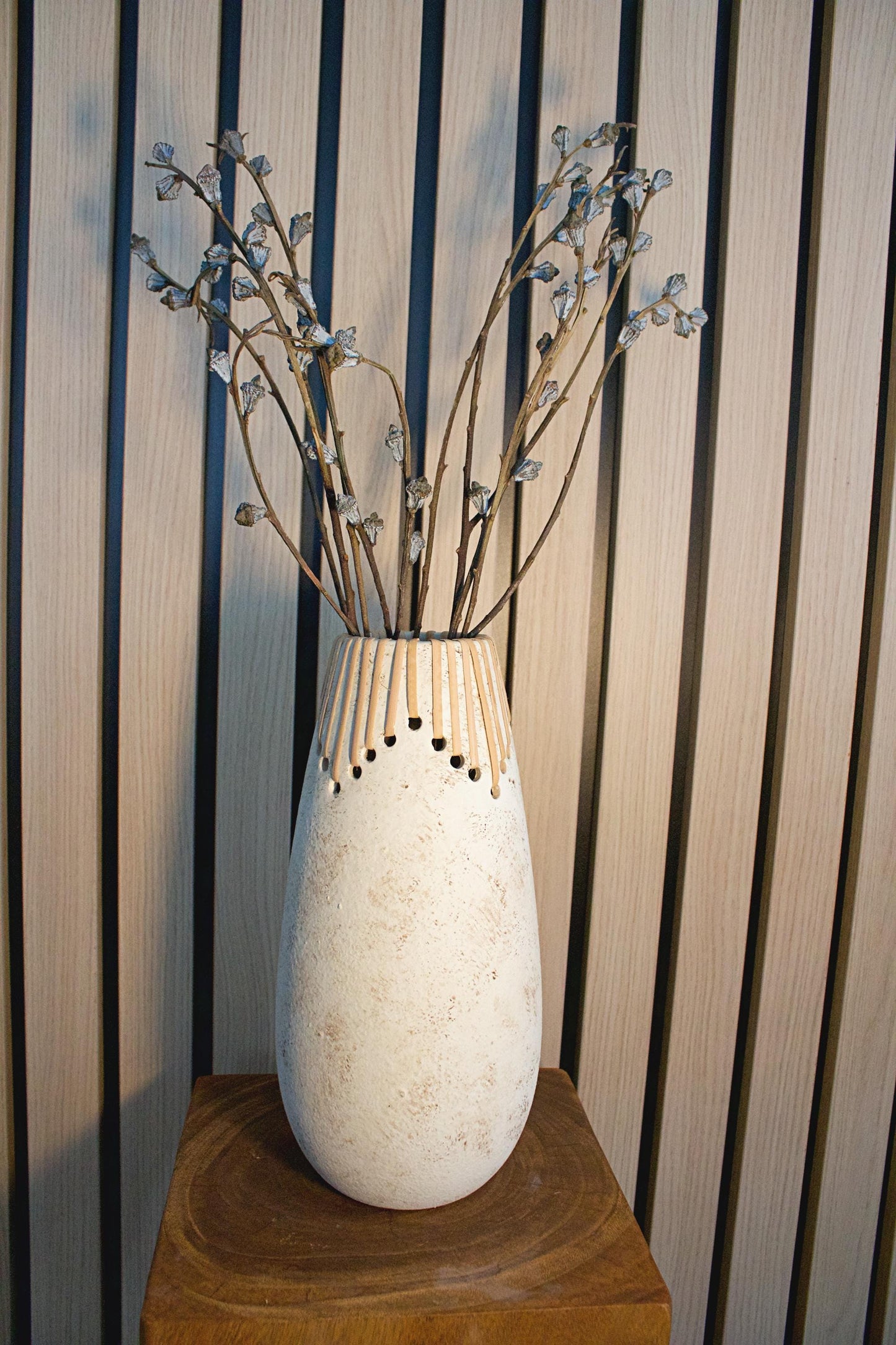 Contemporary White Vase Boho Ceramic Design Modern Farmhouse Style Room Accent Piece Decorative Display Essential Perfect Home Decor Dried Flower Arrangement Beautiful Birthday Gift Elegant Artistic Creation Textured Surface Details