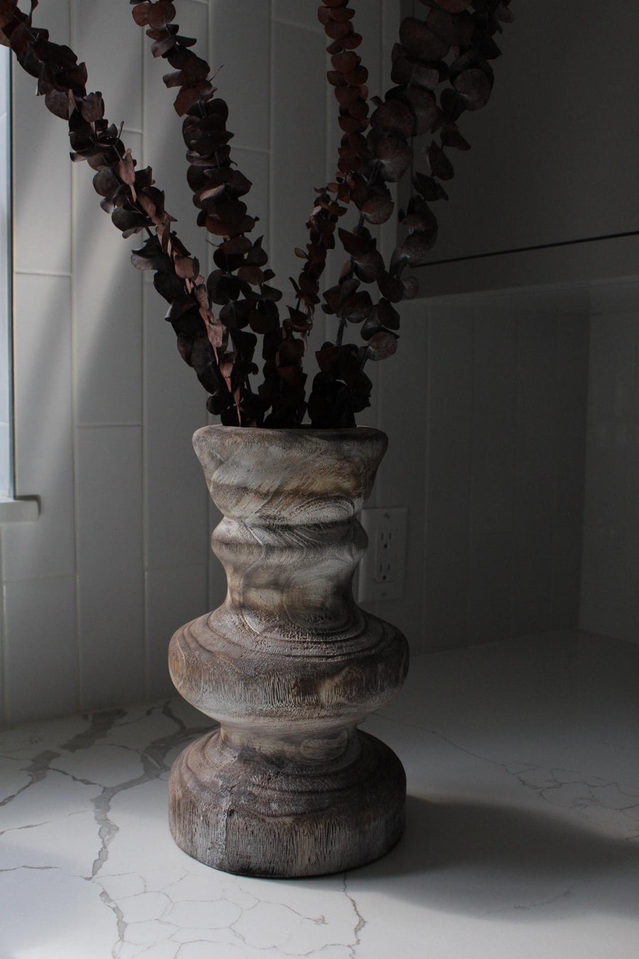 Rustic Wooden Display Vase Farmhouse Style Decor Whitewashed Wood Finish Country Home Accent Vintage Look Design Dried Flower Holder Large Standing Container Shabby Chic Collection Distressed Wood Detail Traditional Decorative Piece