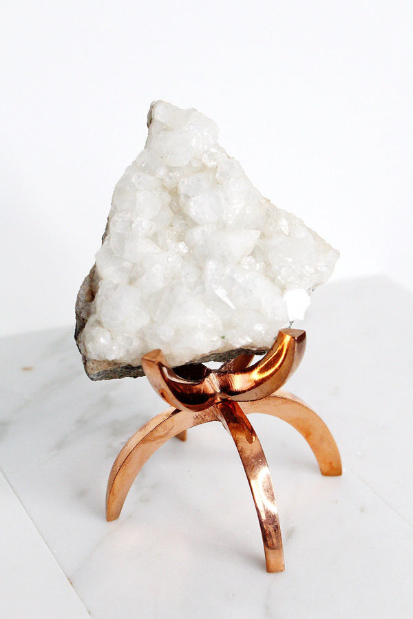 White Apophyllite Stone Modern Decor Accent with Brass Claw Display Stand Apophyllite Quartz Crystal Mineral on Brass Modern Claw Display