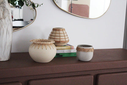 Modern Plant Pot Ceramic Rattan Planter Minimalist Home Decor Indoor Succulent Planter Boho Woven Planter Small Space Scandinavian Decor Living Room Decor Bedroom Decor Kitchen Decor Entryway Decor