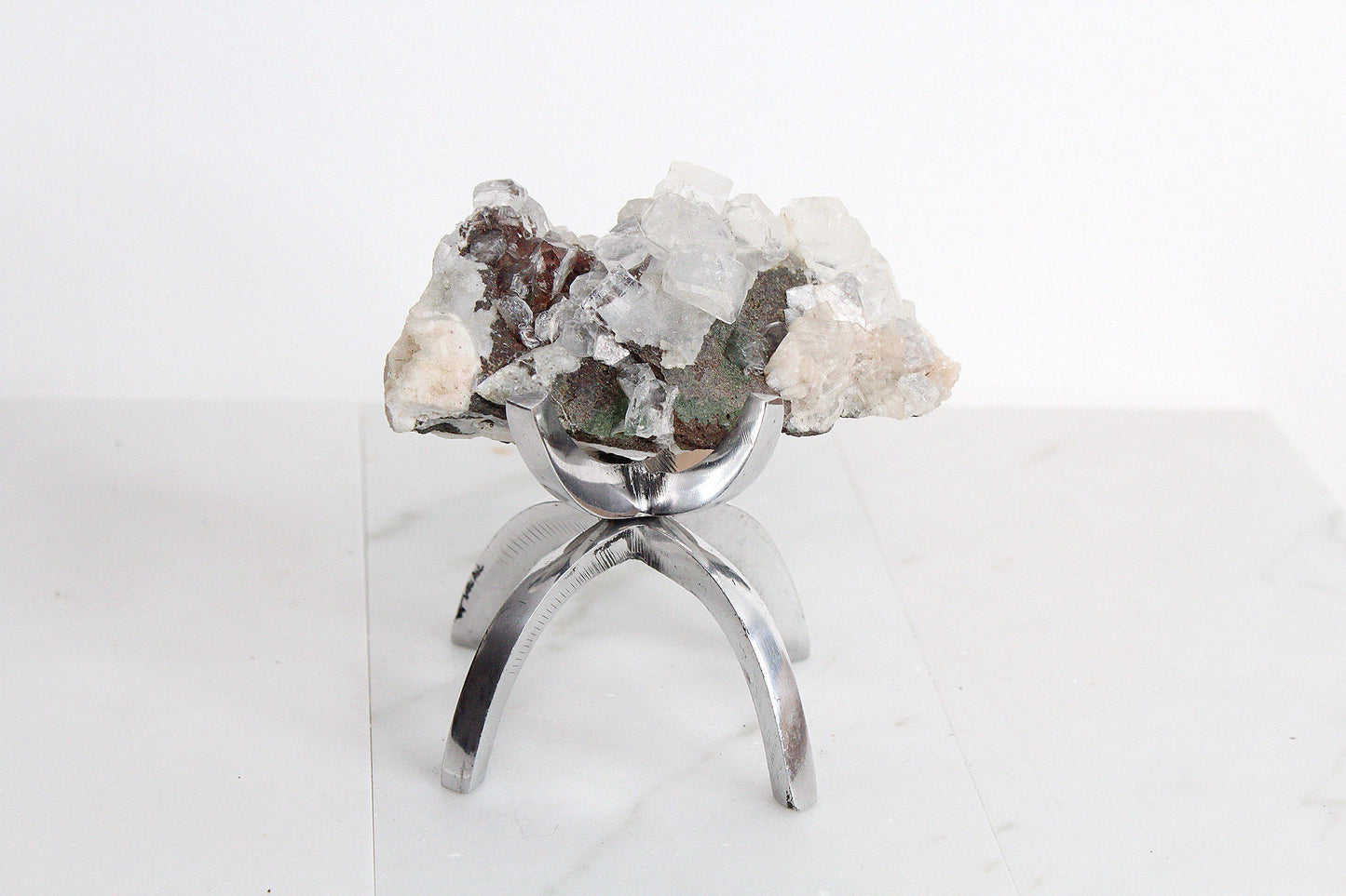 Raw White Apophyllite & Stilbite Quartz on Brass Claw Stand – Boho Crystal Decor