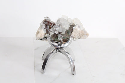 Raw White Apophyllite & Stilbite Quartz on Brass Claw Stand – Boho Crystal Decor