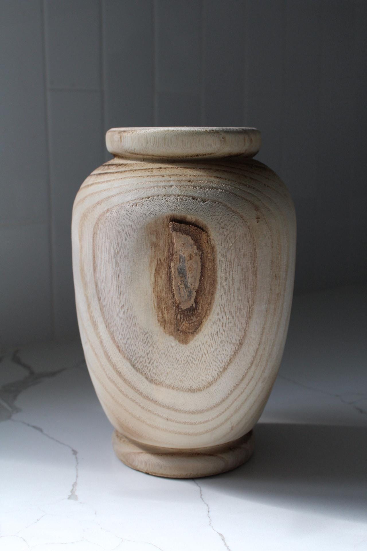 Natural Wood Vase Modern Home Accent Decorative Wooden Container Dried Floral Branch Display Farmhouse Style Decor Organic Design Turned Wood Construction Natural Grain Pattern Home Art Piece Shelf Accent Contemporary Living Space Beautiful