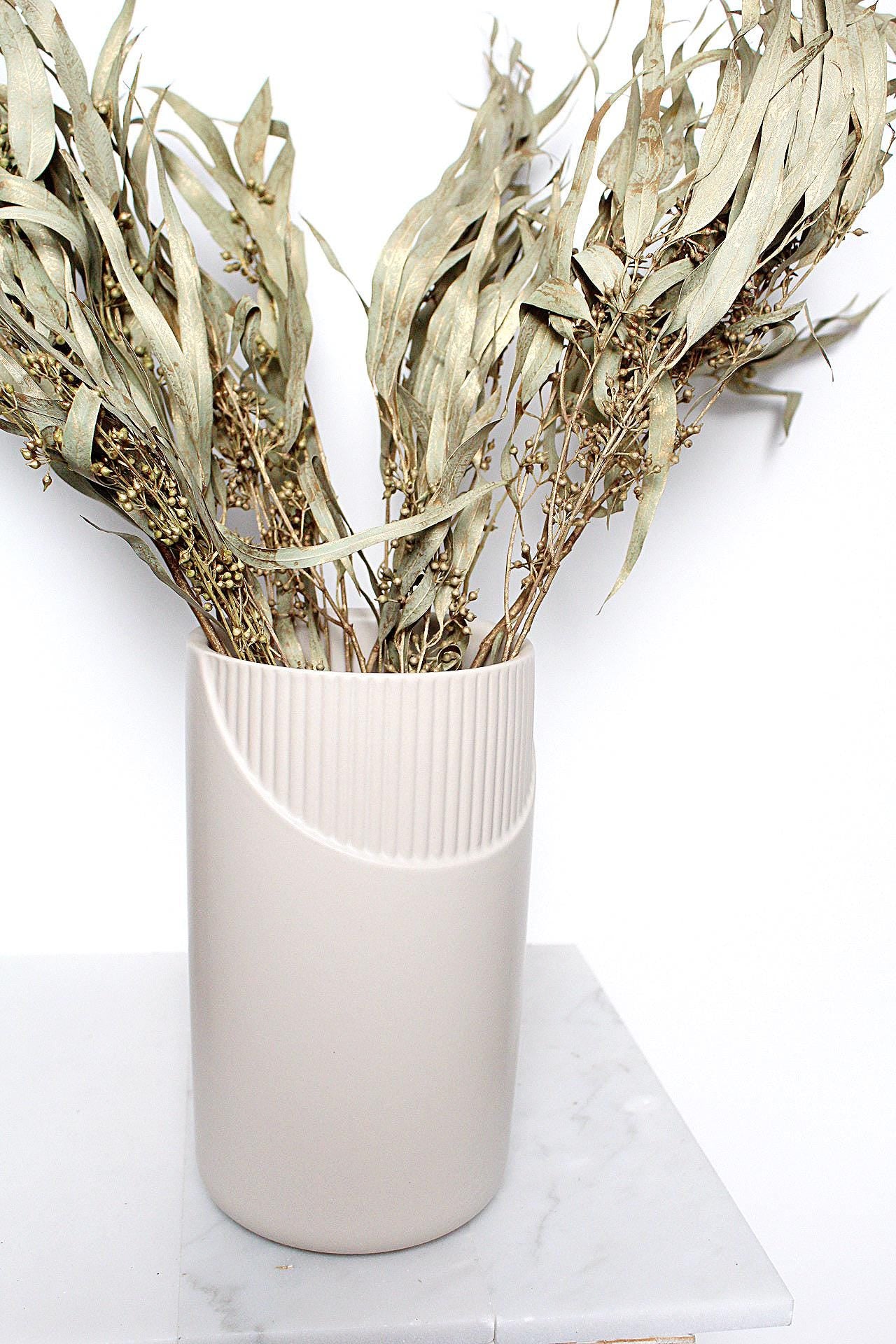 Tall Ceramic Vase Wedding Centerpiece Collection White Floral Display Gold Accent Design Modern Home Decor Rustic Farmhouse Style Living Room Table Arrangement Dried Branch Display Special Occasion Venue Elegant Statement Piece Beautiful