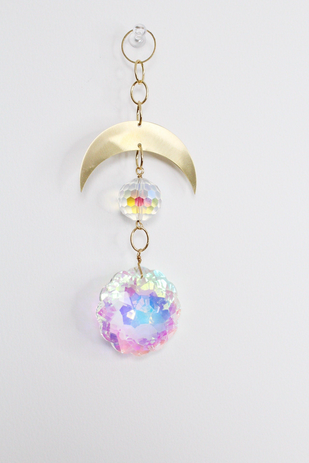 Aura Iridescent Sun Catcher Crystal Brass Moon Wall Hanging Art Crescent Moon Wall Hanging Clear Crystal Light Catcher Brass Chain Hanging