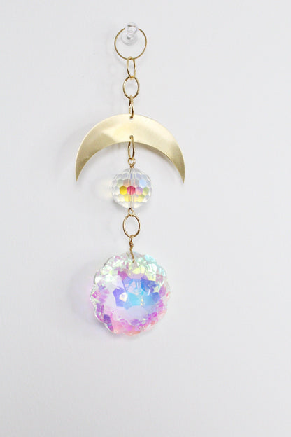 Aura Iridescent Sun Catcher Crystal Brass Moon Wall Hanging Art Crescent Moon Wall Hanging Clear Crystal Light Catcher Brass Chain Hanging