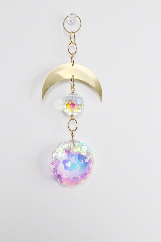 Aura Iridescent Sun Catcher Crystal Brass Moon Wall Hanging Art Crescent Moon Wall Hanging Clear Crystal Light Catcher Brass Chain Hanging