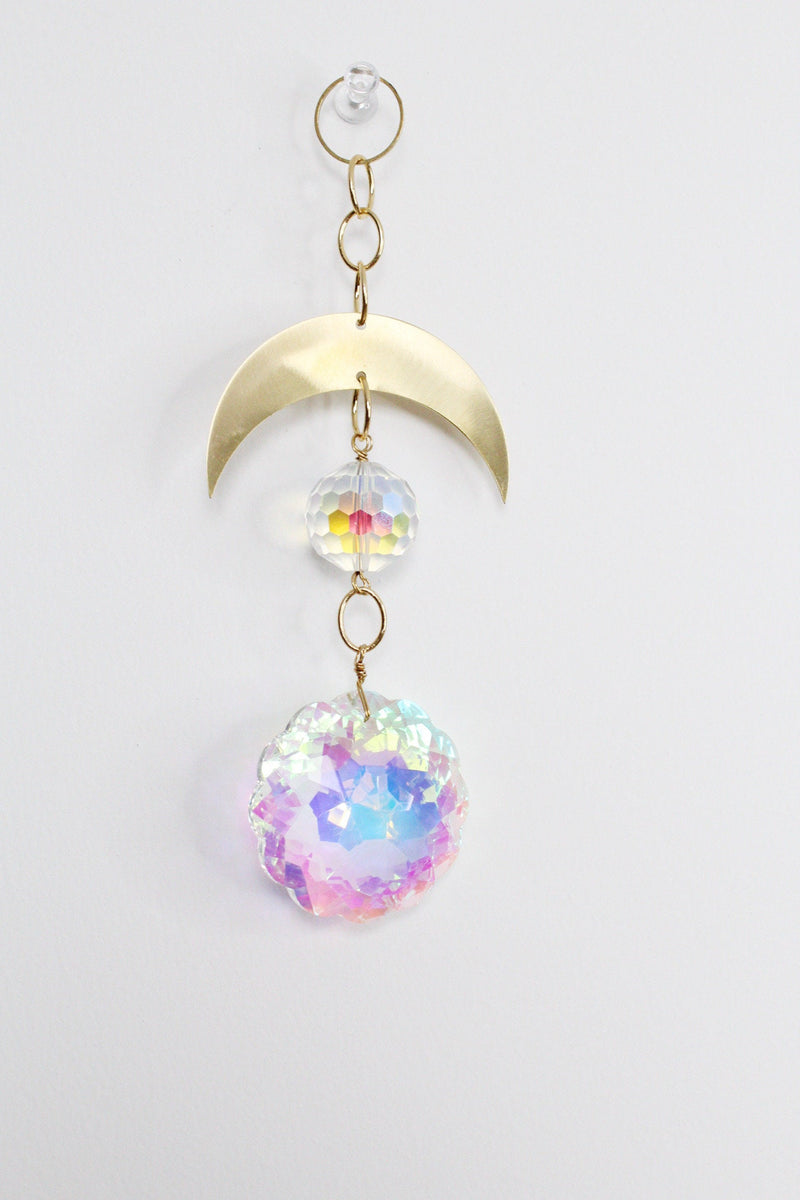 Aura Iridescent Sun Catcher Crystal Brass Moon Wall Hanging Art Crescent Moon Wall Hanging Clear Crystal Light Catcher Brass Chain Hanging