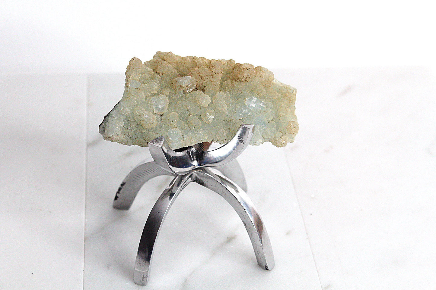 Raw Prehnite Quartz Crystal on Brass Claw Stand – Boho Home Decor Accent