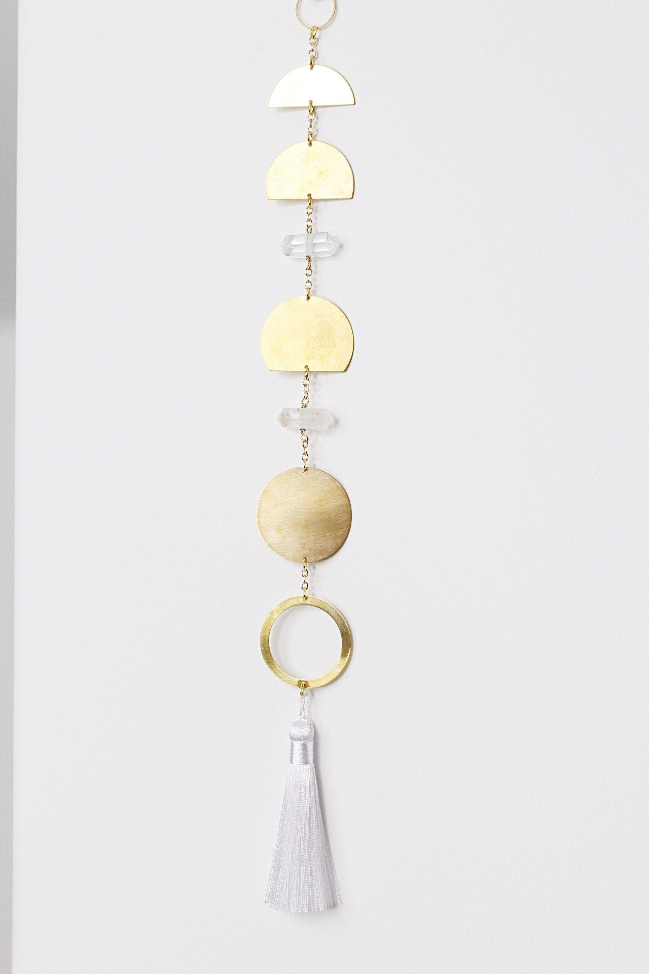 Handcrafted Brass Moon Phases Wall Hanging Art Sun Catcher Crystal Brass Moon Wall Hanging Art Real Natural Stone Clear Quartz White Tassel