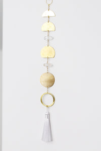 Handcrafted Brass Moon Phases Wall Hanging Art Sun Catcher Crystal Brass Moon Wall Hanging Art Real Natural Stone Clear Quartz White Tassel