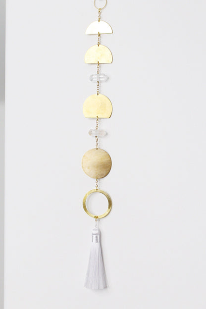 Handcrafted Brass Moon Phases Wall Hanging Art Sun Catcher Crystal Brass Moon Wall Hanging Art Real Natural Stone Clear Quartz White Tassel