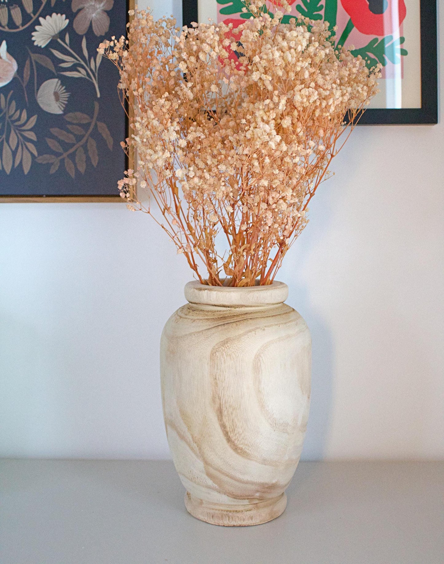 Natural Wood Vase Modern Home Accent Decorative Wooden Container Dried Floral Branch Display Farmhouse Style Decor Organic Design Turned Wood Construction Natural Grain Pattern Home Art Piece Shelf Accent Contemporary Living Space Beautiful