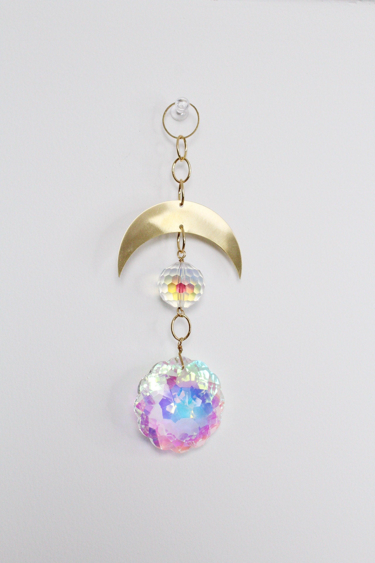 Aura Iridescent Sun Catcher Crystal Brass Moon Wall Hanging Art Crescent Moon Wall Hanging Clear Crystal Light Catcher Brass Chain Hanging