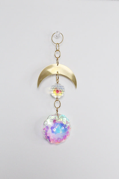 Aura Iridescent Sun Catcher Crystal Brass Moon Wall Hanging Art Crescent Moon Wall Hanging Clear Crystal Light Catcher Brass Chain Hanging