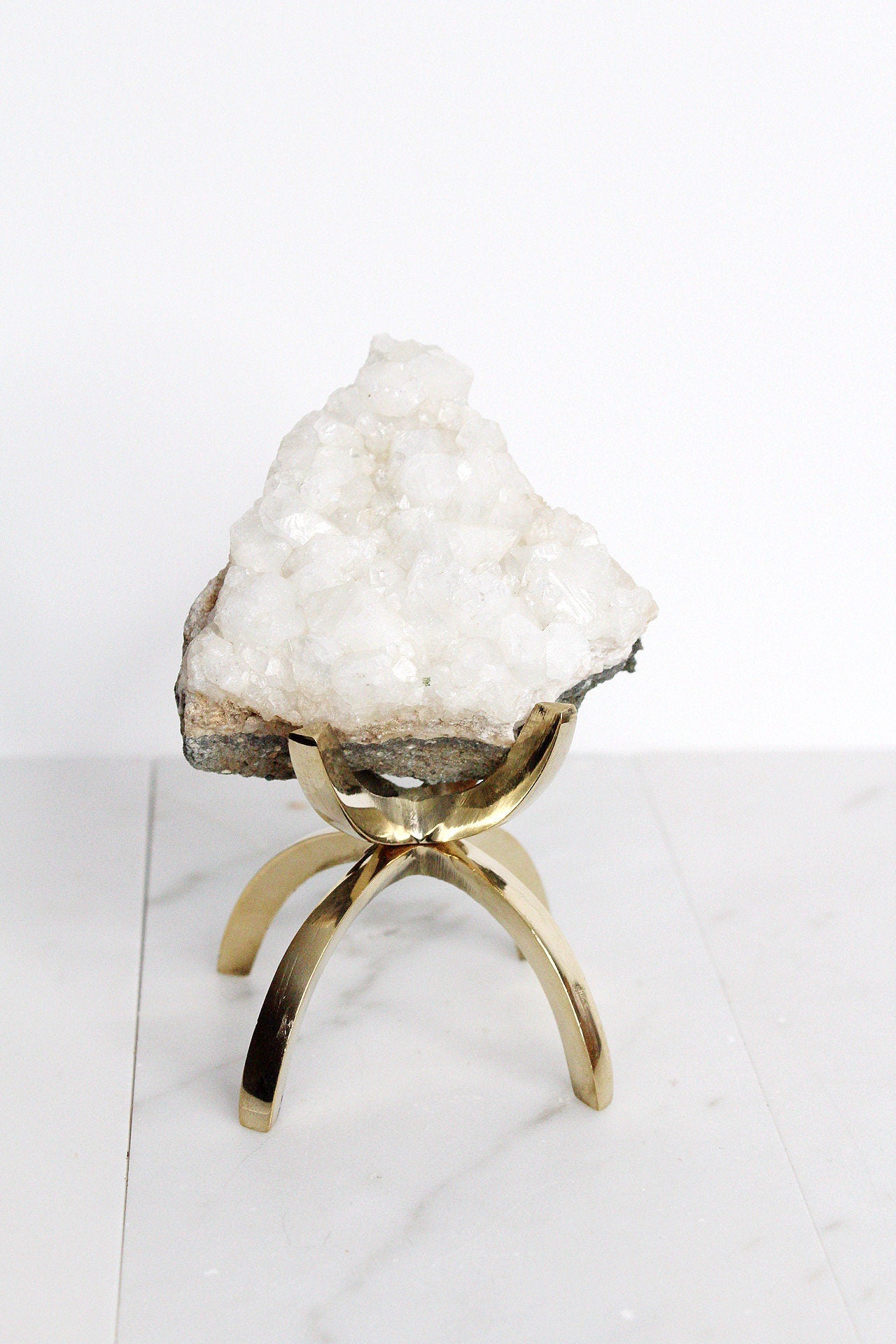 White Apophyllite Stone Modern Decor Accent with Brass Claw Display Stand Apophyllite Quartz Crystal Mineral on Brass Modern Claw Display