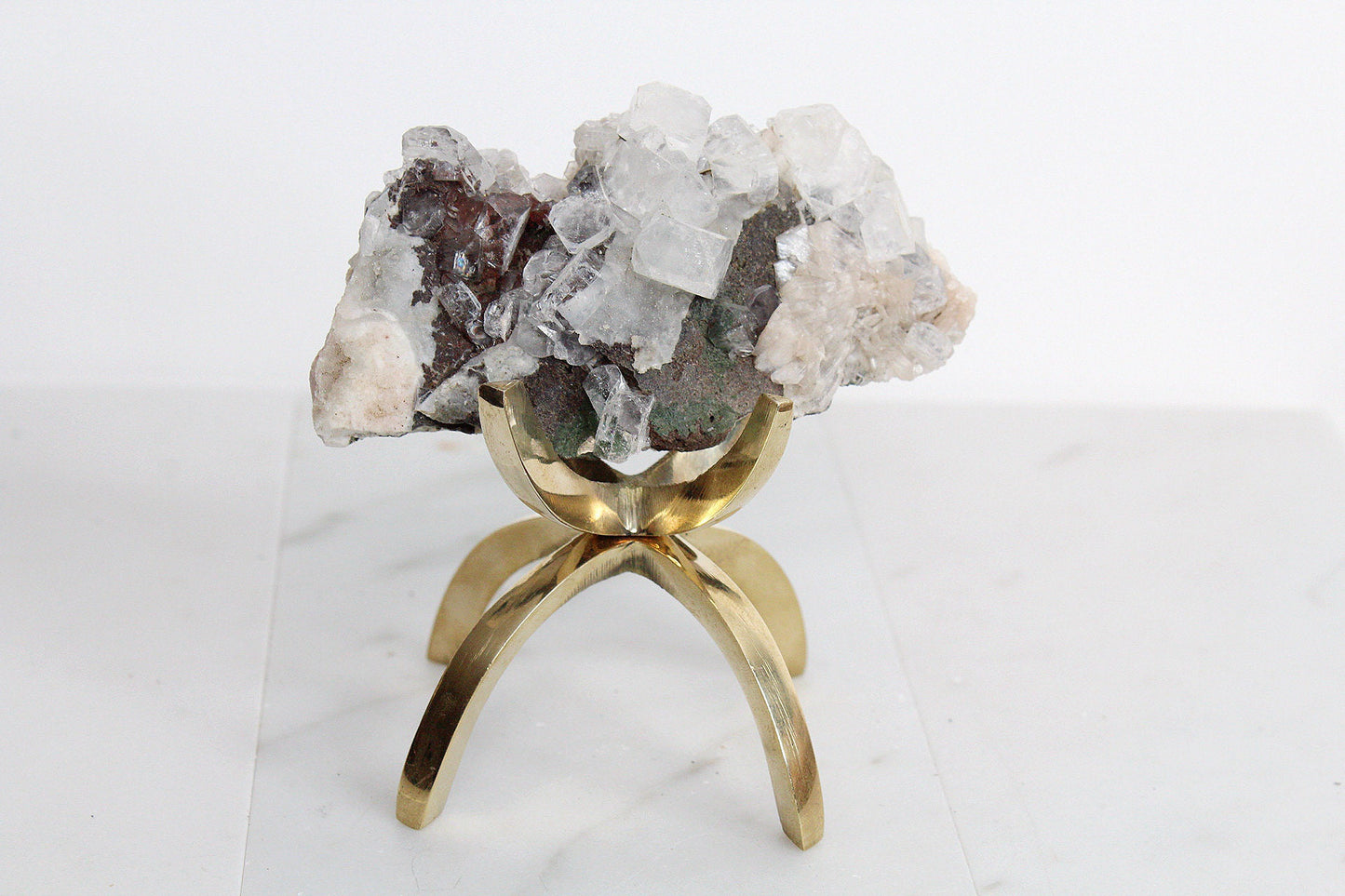 Raw White Apophyllite & Stilbite Quartz on Brass Claw Stand – Boho Crystal Decor
