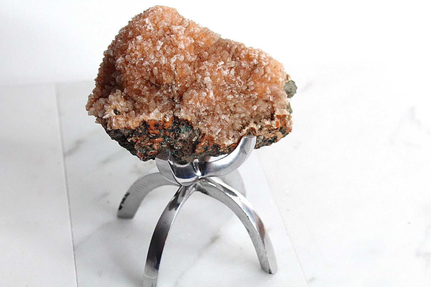 Heulandite & Pink Quartz Crystal on Brass Claw Stand – Unique Decor Accent